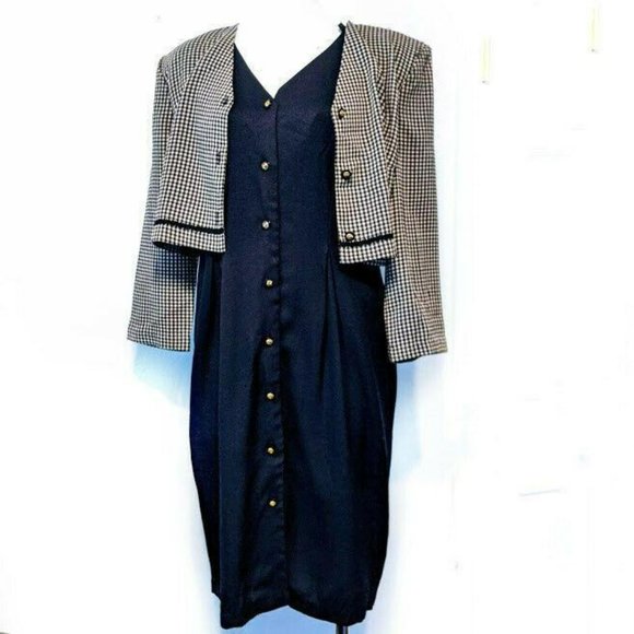 Vintage Olivia Rose Womens 12P Checkered Button Top Black Dress - Picture 2 of 7